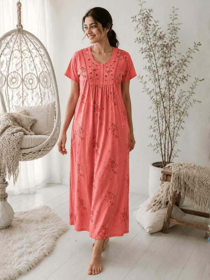Ruby Cotton Blend Floral Embroidered Nighty for Women