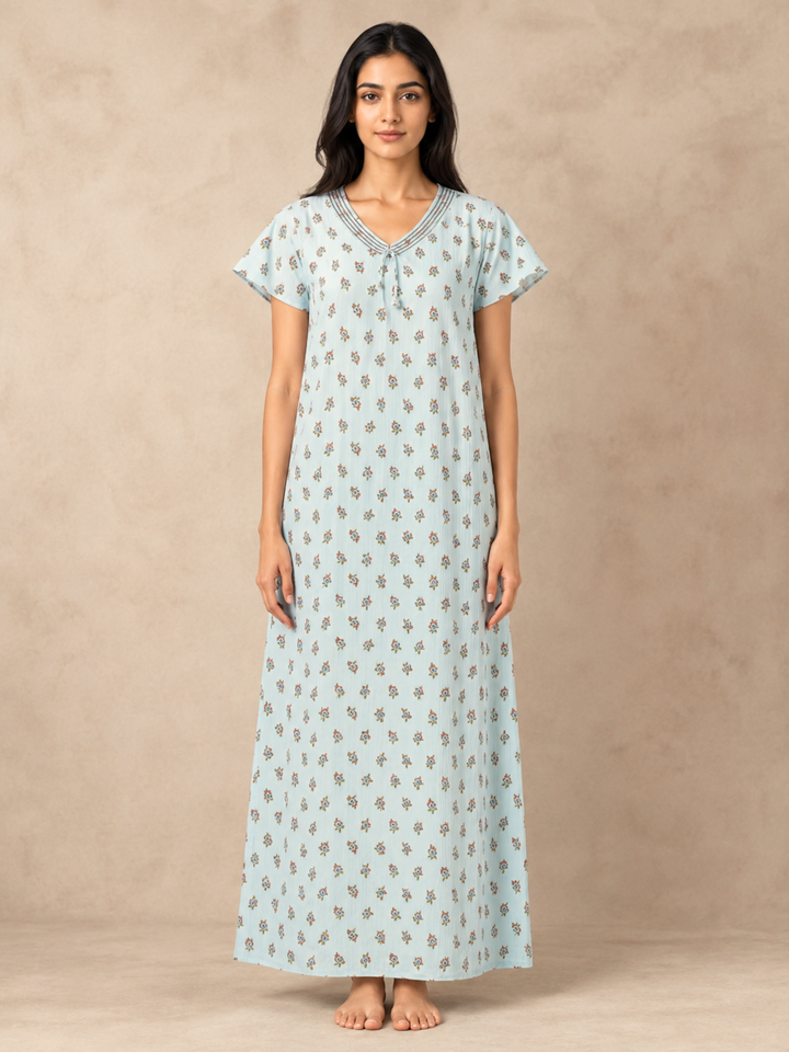 Green Buti Print Bamboo Feel Crush Cotton Nighty for Women
