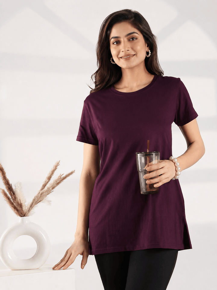 Wine Hosiery Cotton Long T Shirt Nighty for Women Relaxed Fit