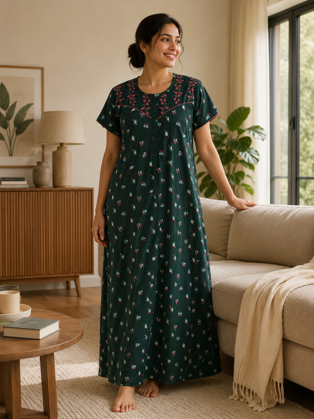 Bottle Green Floral Cotton Blend Designer Nighty for Women