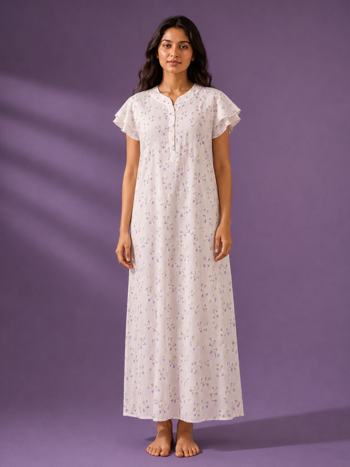 Pastel White Disty Floral Bamboo Feel Crush Cotton Nighty