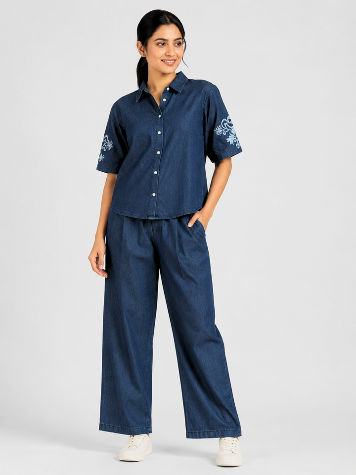 Dark Blue Denim Co Ord Set with Sleeve Embroidery for Women