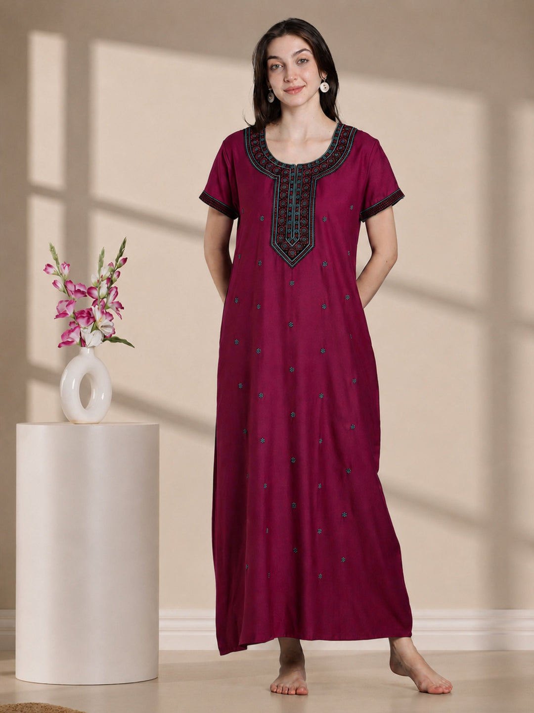 Raatrani Plum Pink Alpine Designer Nighty for Women with Embroidery