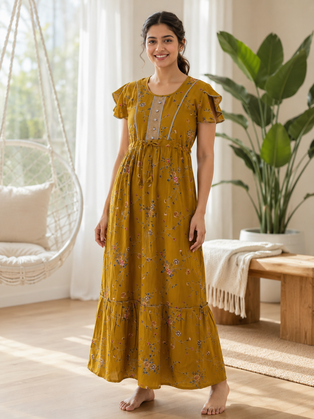 Floret Mustard Alpine Designer Nighty for Women with Frock Fit
