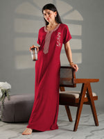 Stylish Alpine Sadabahar Ruby Red Embroidered A Line Nighty for Women