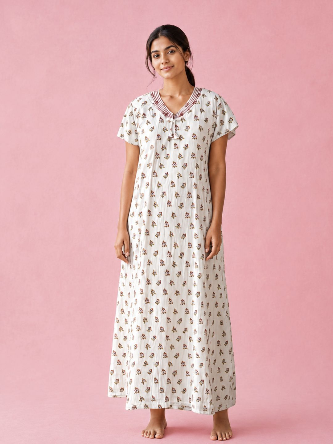 Buti Print Bamboo Feel Crush Cotton Nighty for Women Vanilla