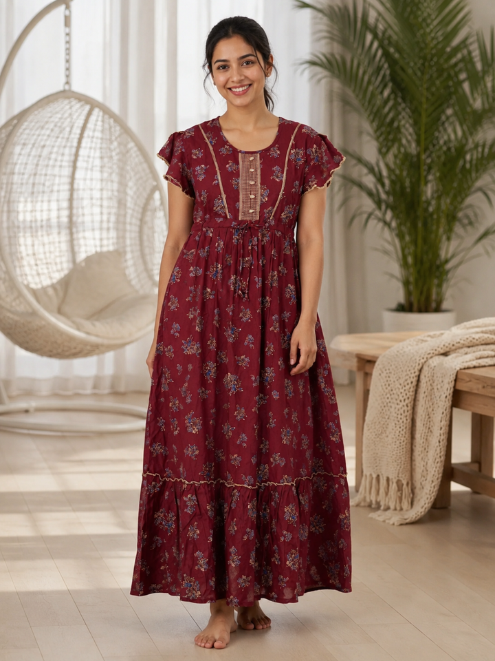 Blossom Maroon Alpine Designer Nighty for Women Relaxed Frock Style