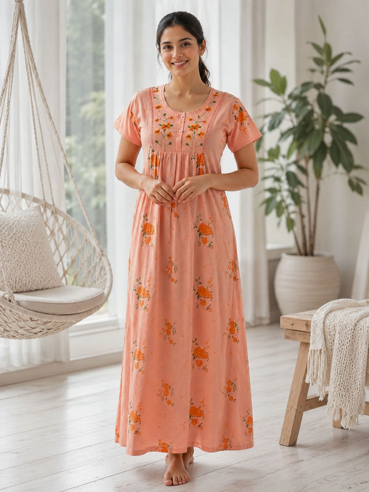 Coral Floral Embroidered Cotton Blend Nightdress for Women