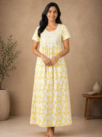Pollen Yellow Pure Cotton Jaipuri Nighty with Embroidered Yoke