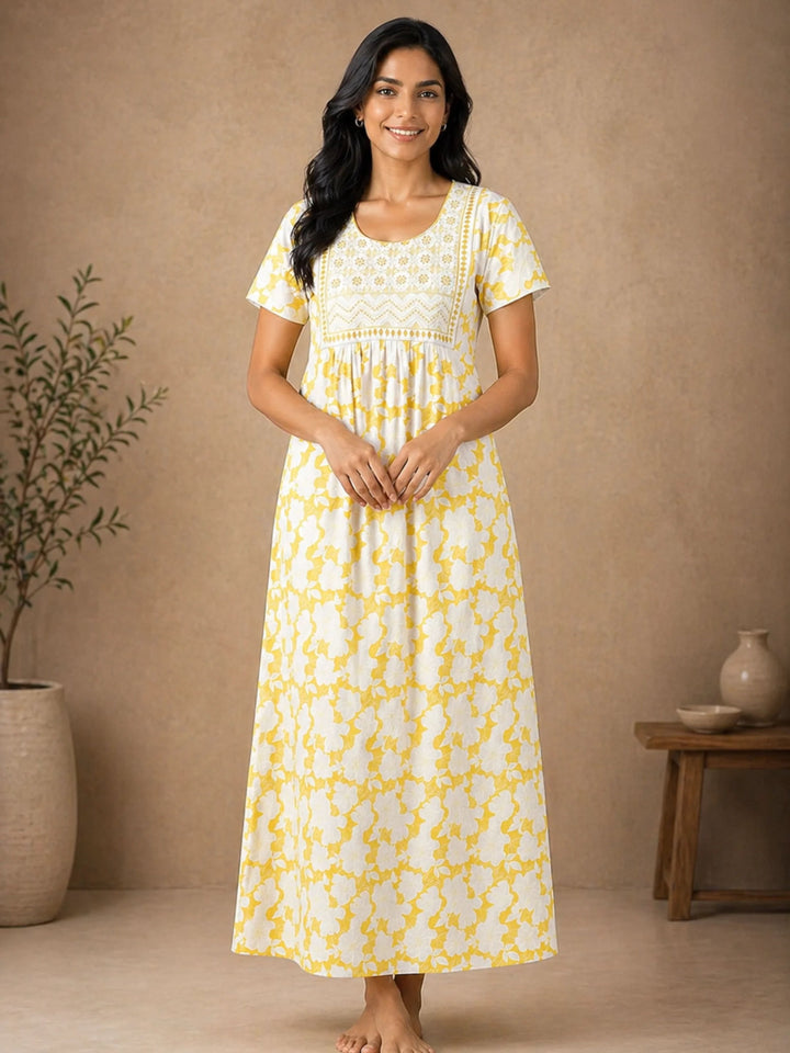 Pollen Yellow Pure Cotton Jaipuri Nighty with Embroidered Yoke