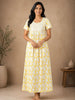 Pollen Yellow Pure Cotton Jaipuri Nighty with Embroidered Yoke
