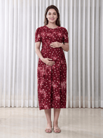Red Heart Print Hosiery Cotton Maternity Nighty with Feeding Flap