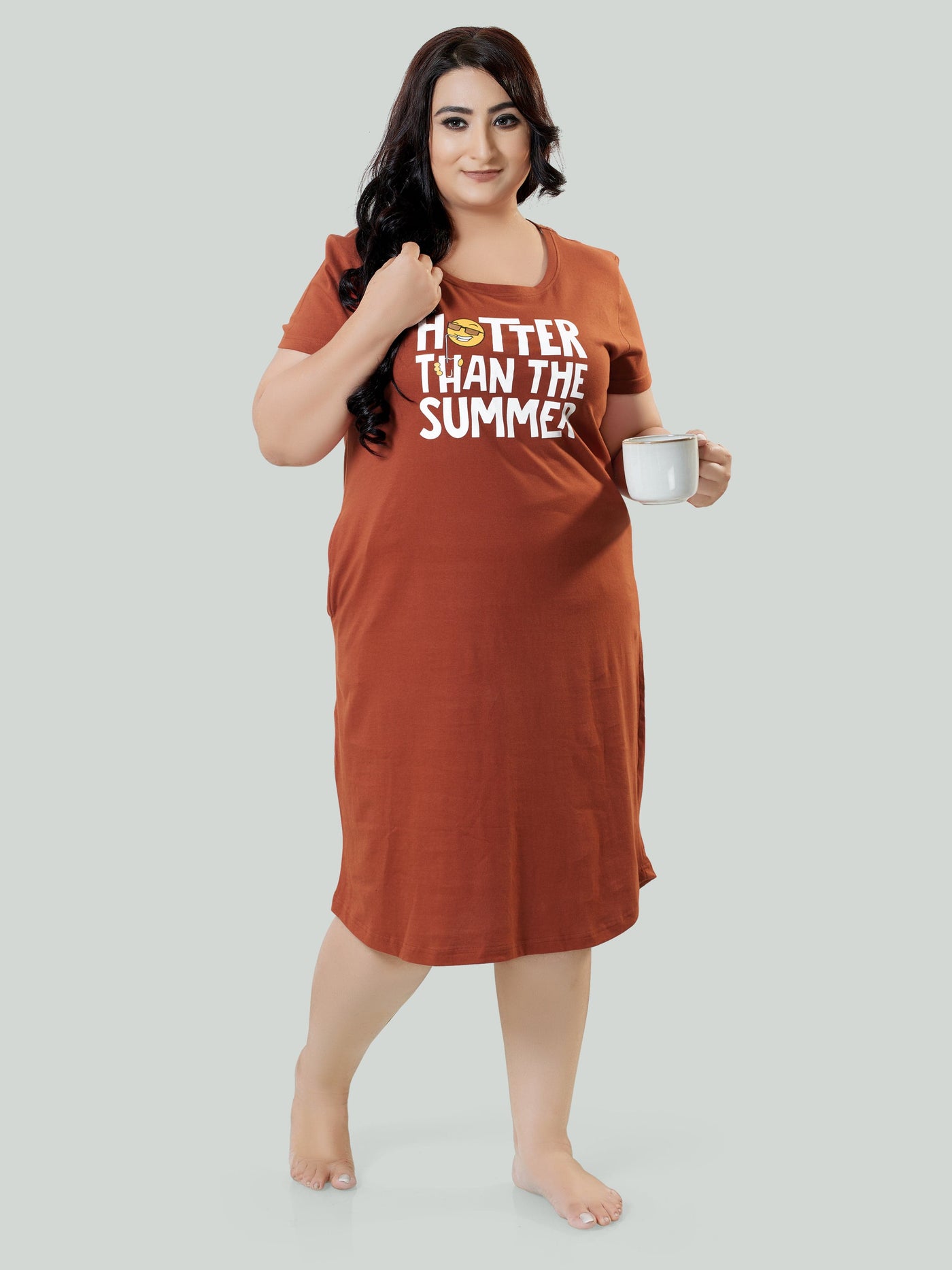 Hosiery Cotton Short Nighty Plus Size Fire Brick