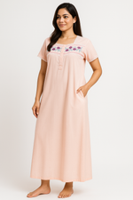 Peach Glow Poly Cotton Nighty with Colorful Floral Embroidery