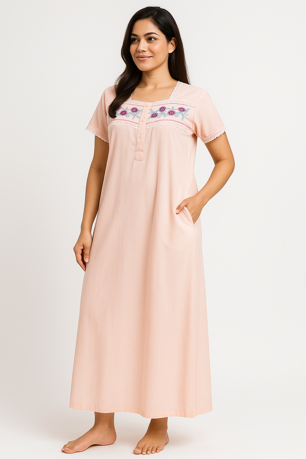 Shop Peach Embroidered Poly Cotton Nighty Dress with Pocket 9shines label Shop Peach Embroidered Poly Cotton Nighty Dress with Pocket 9shines label