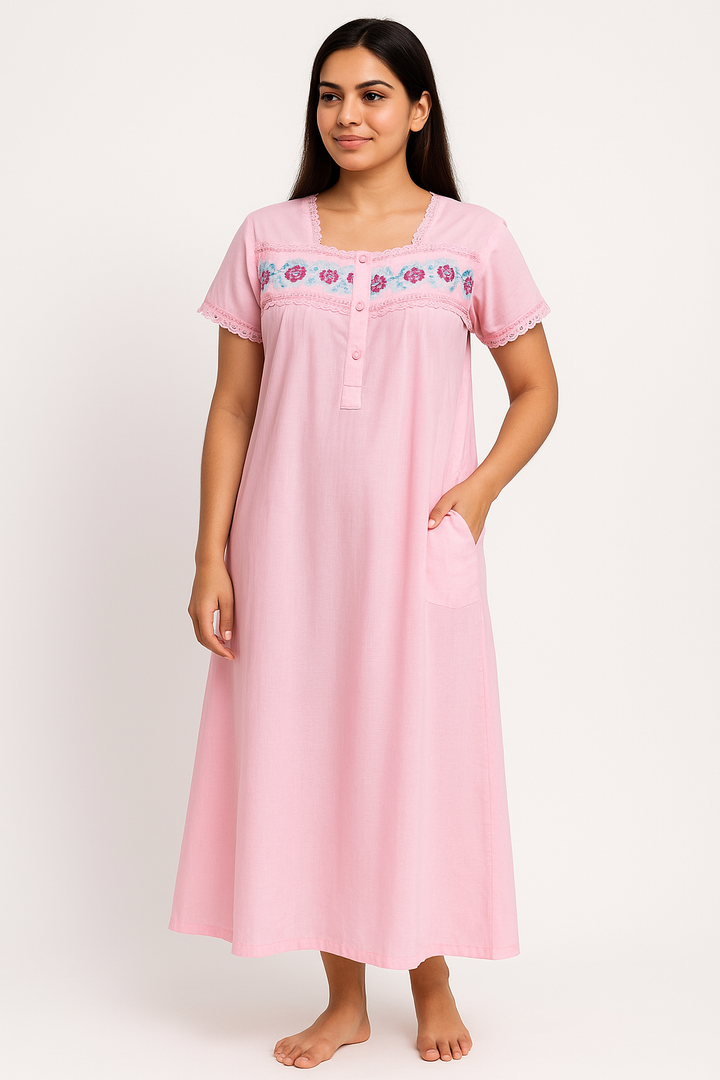 Pink Embroidered Poly Cotton Nighty with Pocket