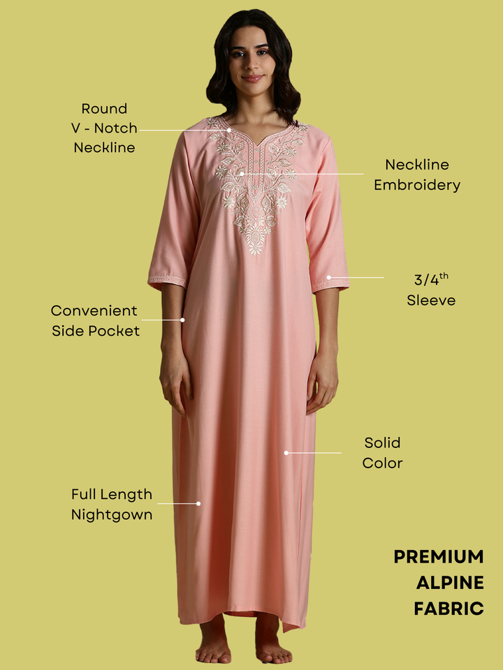 Sadabahar Peach Pink Alpine Embroidered Nighty for Women with Side Pocket