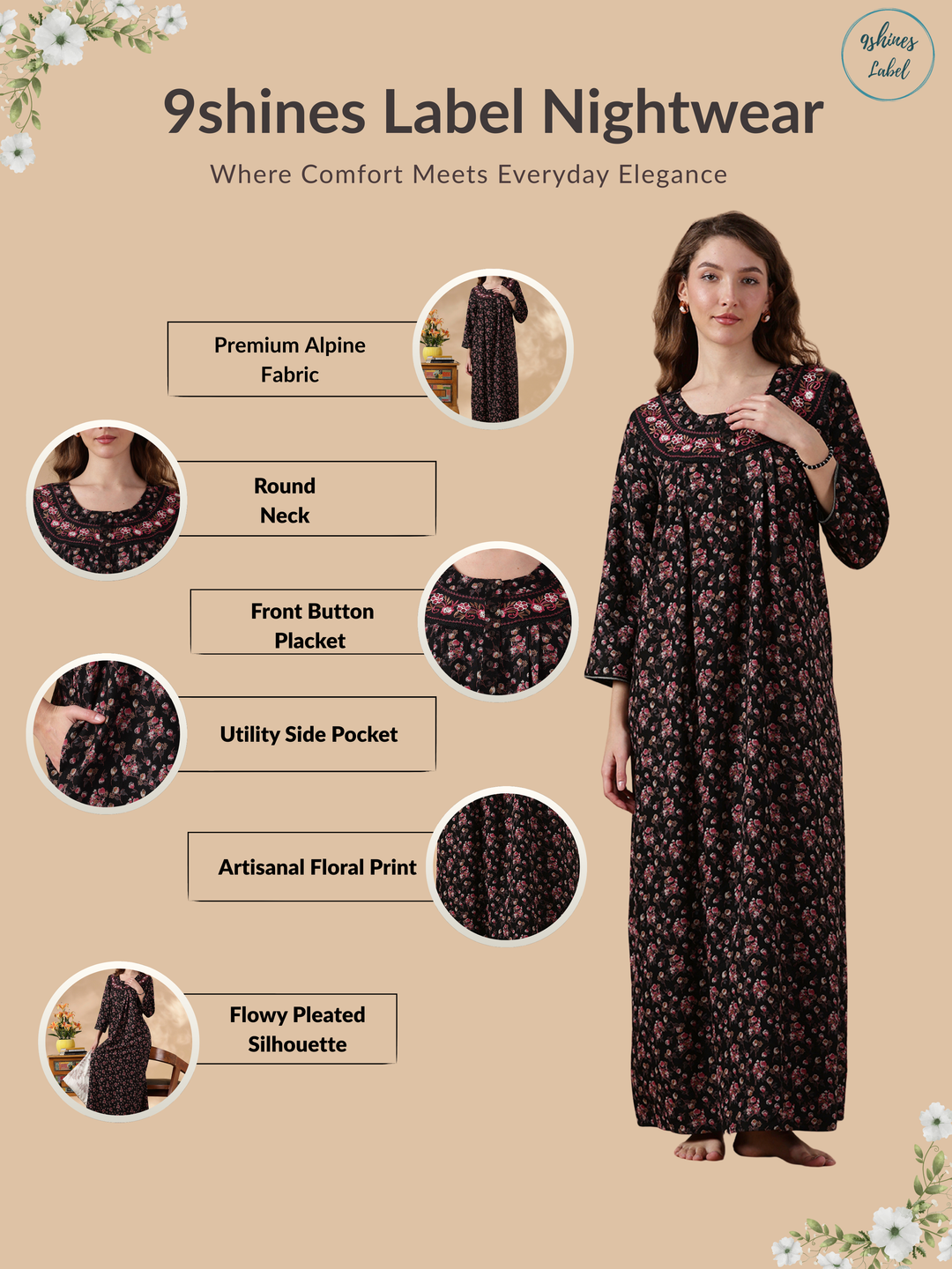 Alpine Floral Embroidered Nighty Dress for Women Comfortable and Stylish