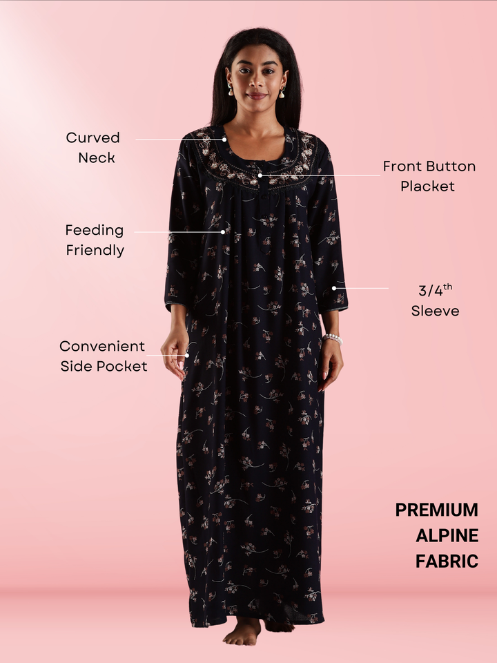 Navy Blue Floral Nighty with Embroidered Neck and Pocket