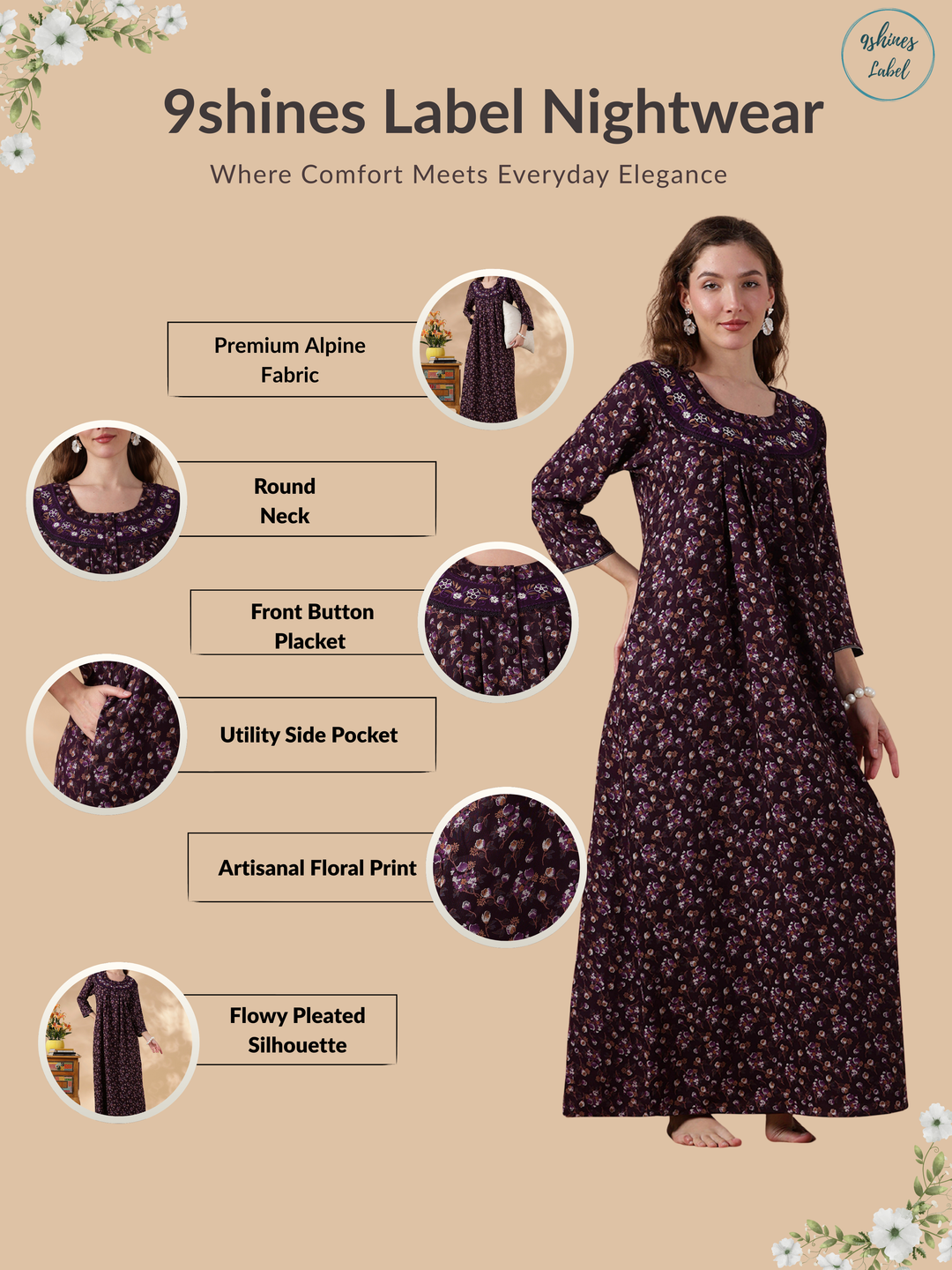 Alpine Floral Full Sleeves Nighty Purple Flower Comfortable Fit