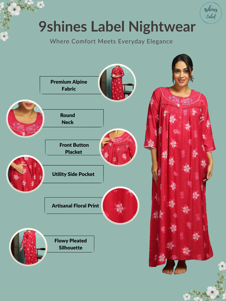 Designer Pink Nighty with Embroidery With 3/4th Sleeve Maxi Dress