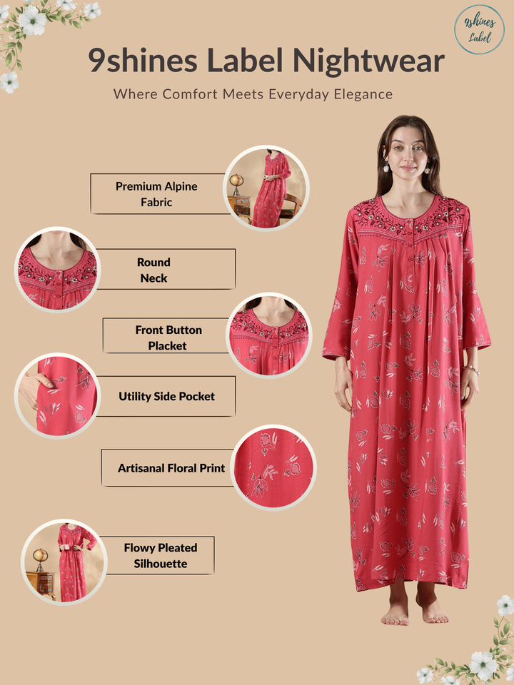 Alpine Pleated Floral Embroidered Nighty for Women Relaxed Wear