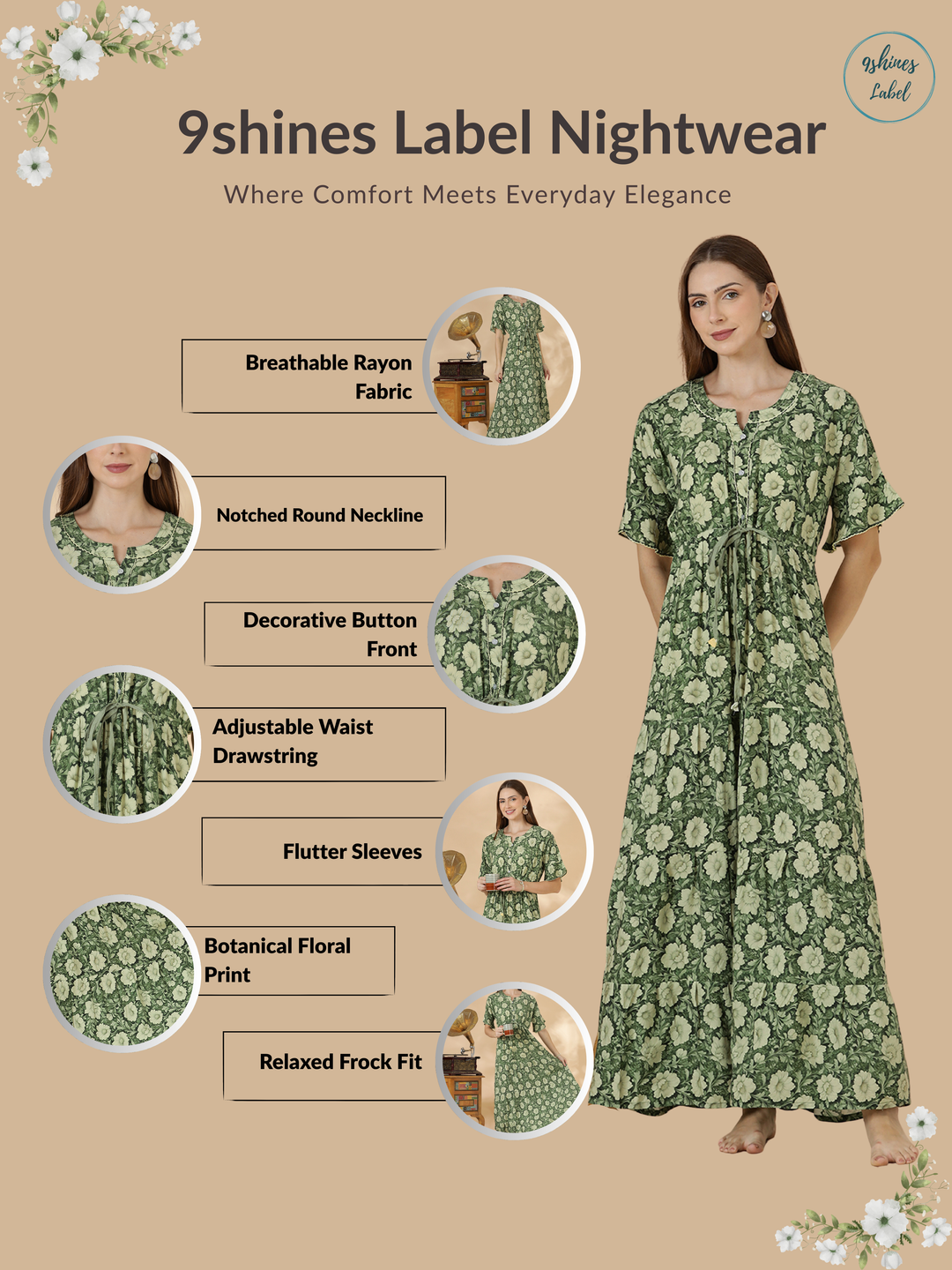Floral Print Relaxed Fit Frock Type Olive Green Nighty for Women