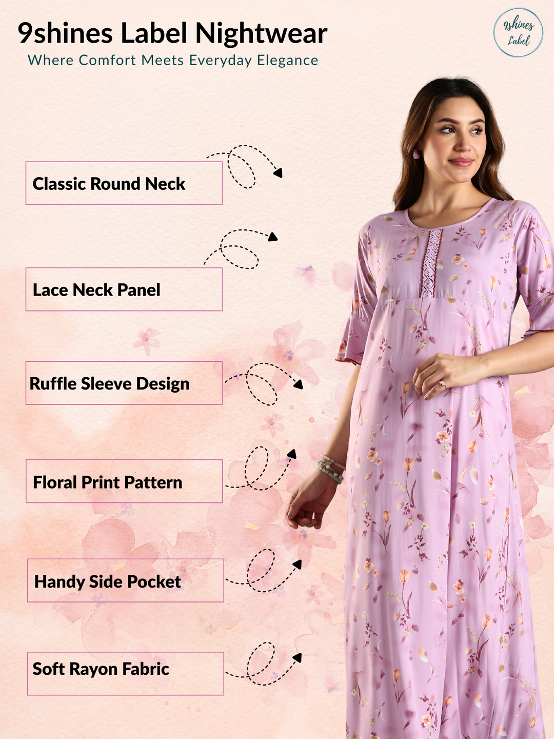 Rayon Fabric Light Purple Floral Print Ladies Nighty Dress  9shines label