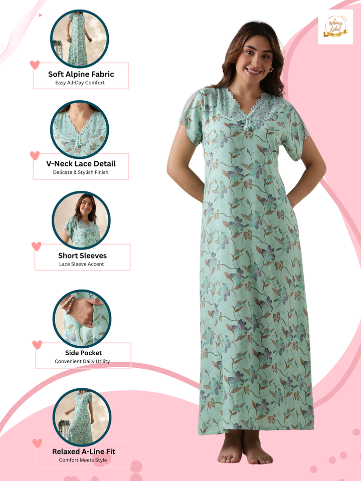 Alpine Mint Green Floral Nighty for Women with Lace Sleeves