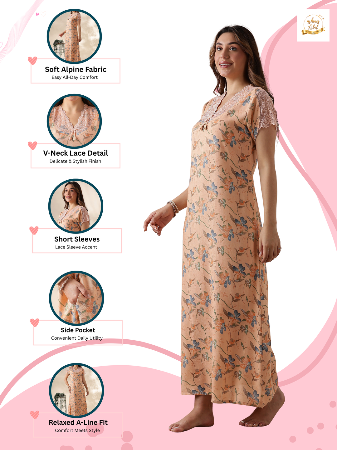 Alpine Peach Floral Nighty for Women with Lace and Pocket