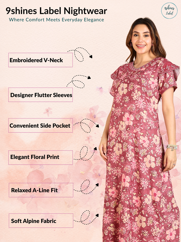 Alpine Designer Nighty Rose Pink A-Line Fit with Floral Embroidery