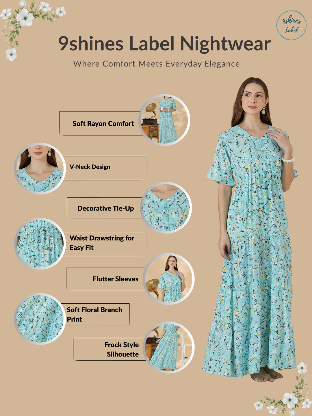 Aqua Floral Rayon Nighty for Women Breathable Flowy Comfort