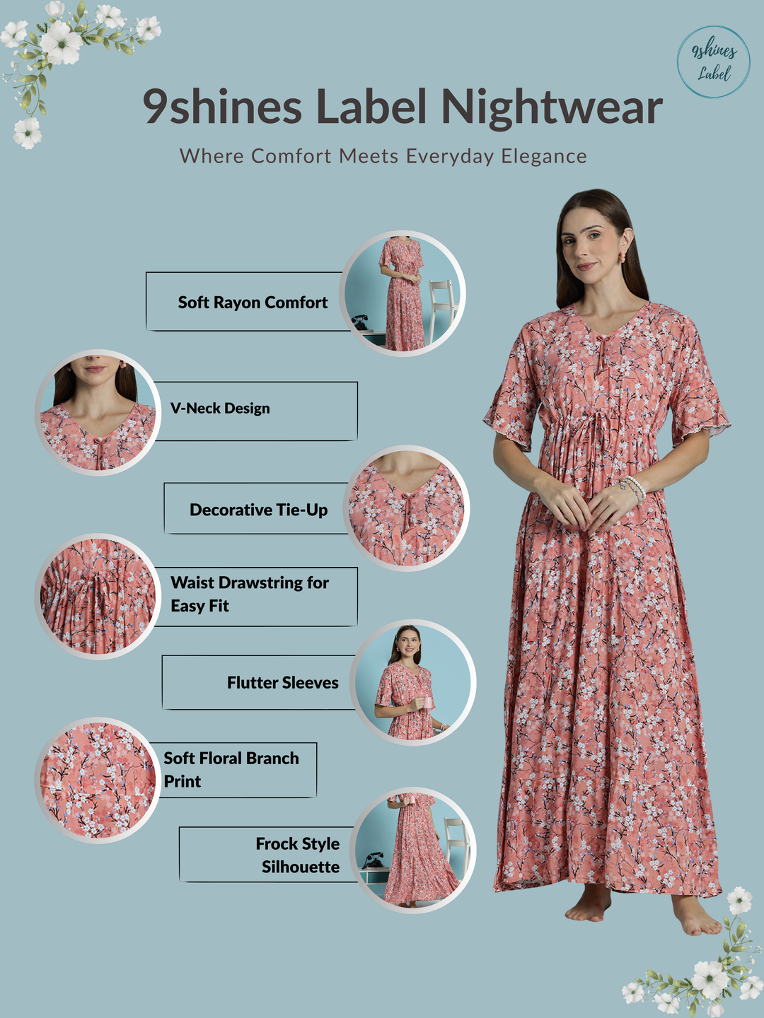 Peach Floral Rayon Nighty for Women Soft Flowy Relaxed Fit