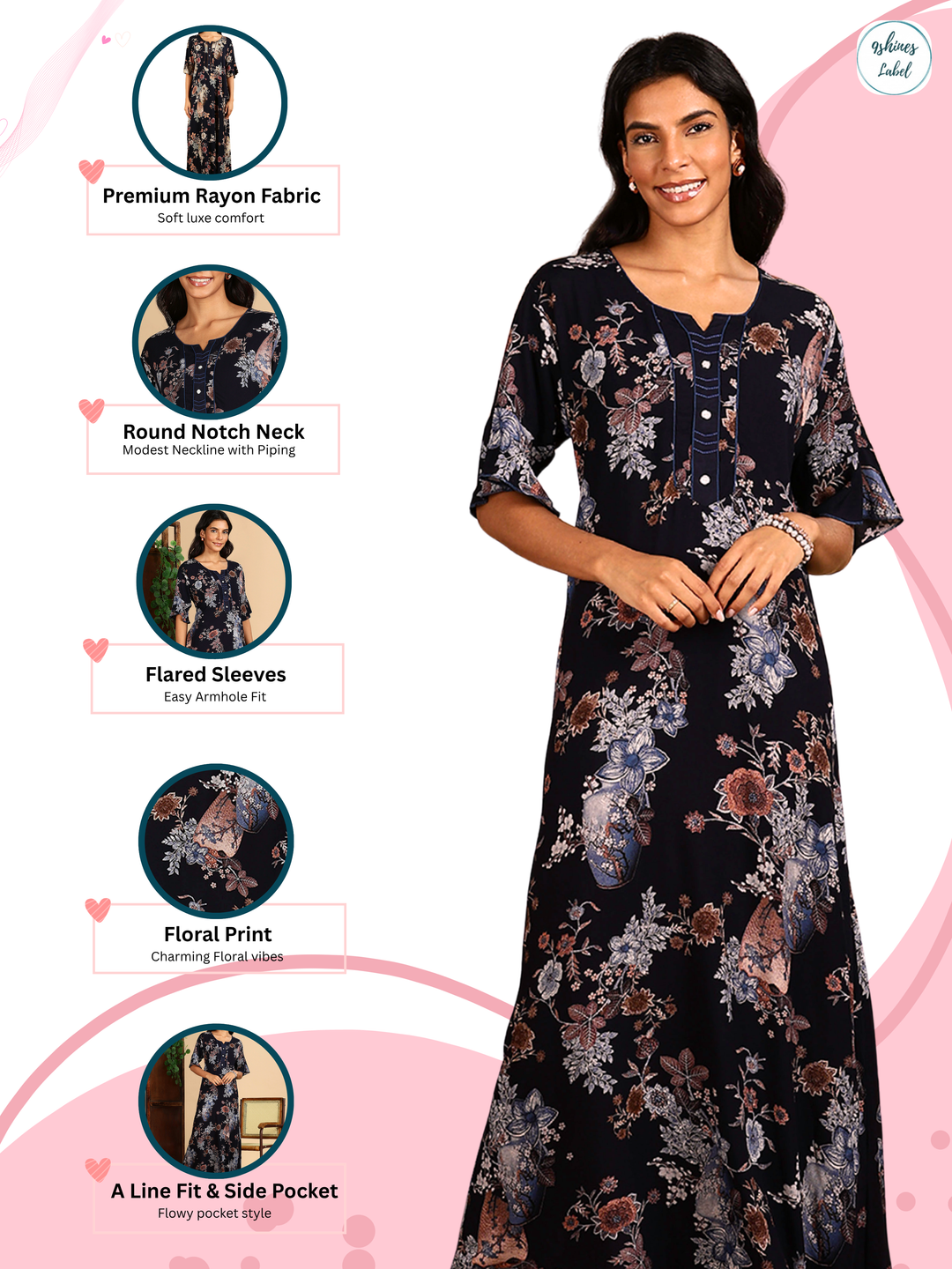 Rayon Black Floral Nighty Dress with Relaxed Silhouette and Pocket