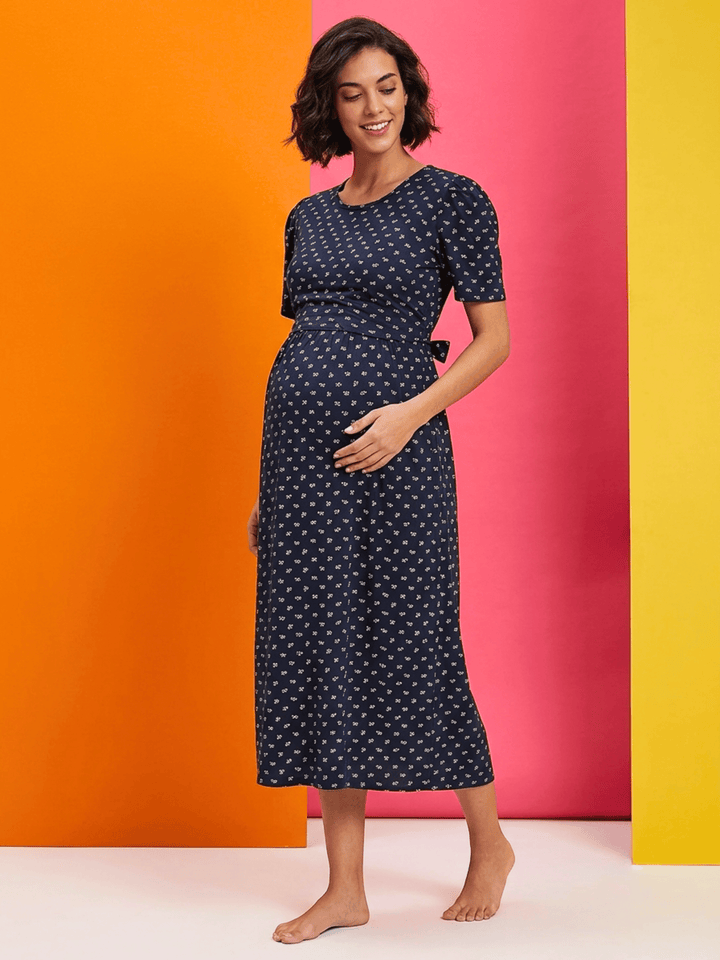 Jasmine Blue Floral Cotton Maternity Nighty with Feeding Flap