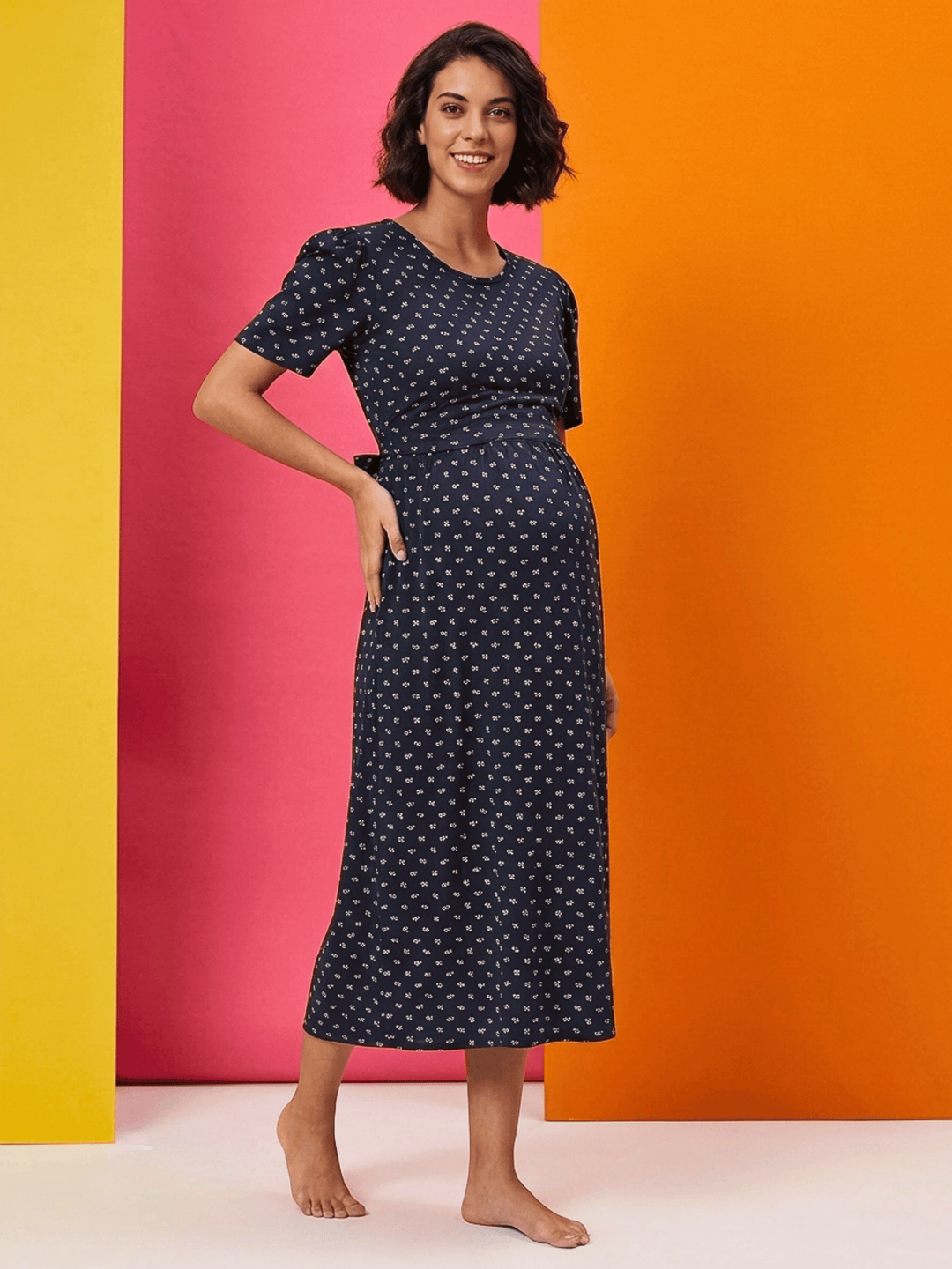 Jasmine Blue Floral Cotton Maternity Nighty with Feeding Flap