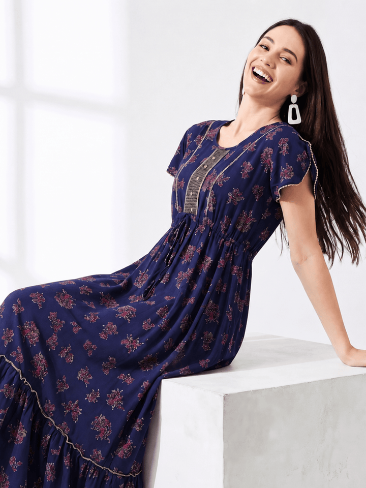 Blossom Azure Alpine Designer Nighty for Women Relaxed Frock Style
