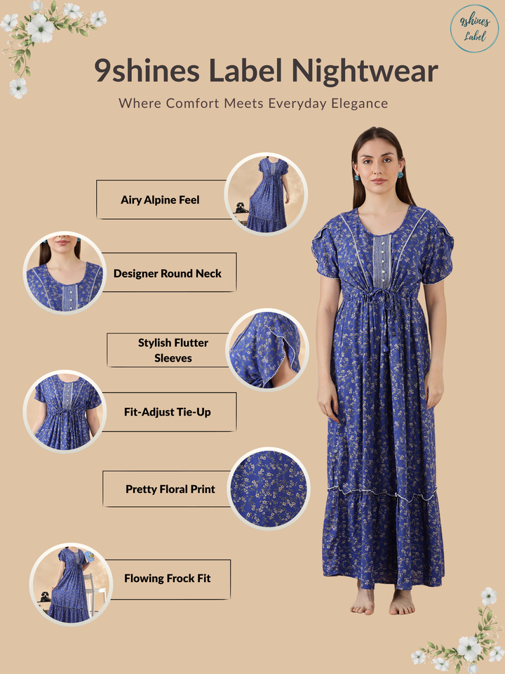 Blue Flora Micro Floral Frock Nighty with Flutter Sleeves