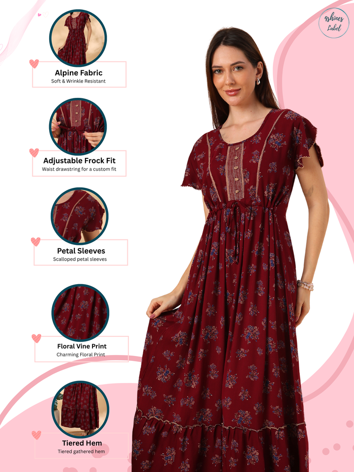 Blossom Maroon Alpine Designer Nighty for Women Relaxed Frock Style