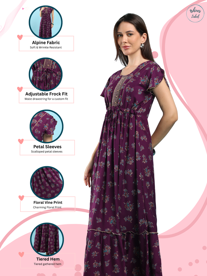 Blossom Wine Alpine Designer Nighty for Women Comfortable Frock Style
