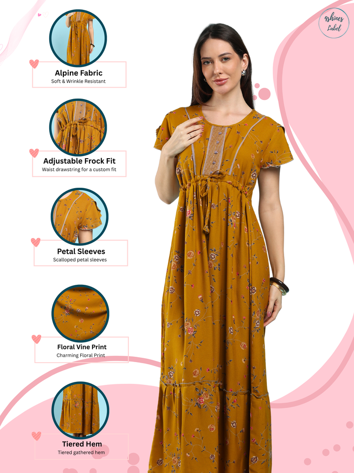 Floret Mustard Alpine Designer Nighty for Women with Frock Fit