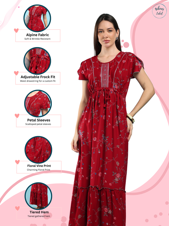 Floret Ruby Alpine Designer Nighty for Women with Frock Fit