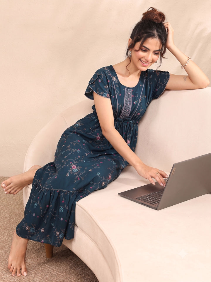 Floret Teal Alpine Designer Nighty for Women with Frock Fit