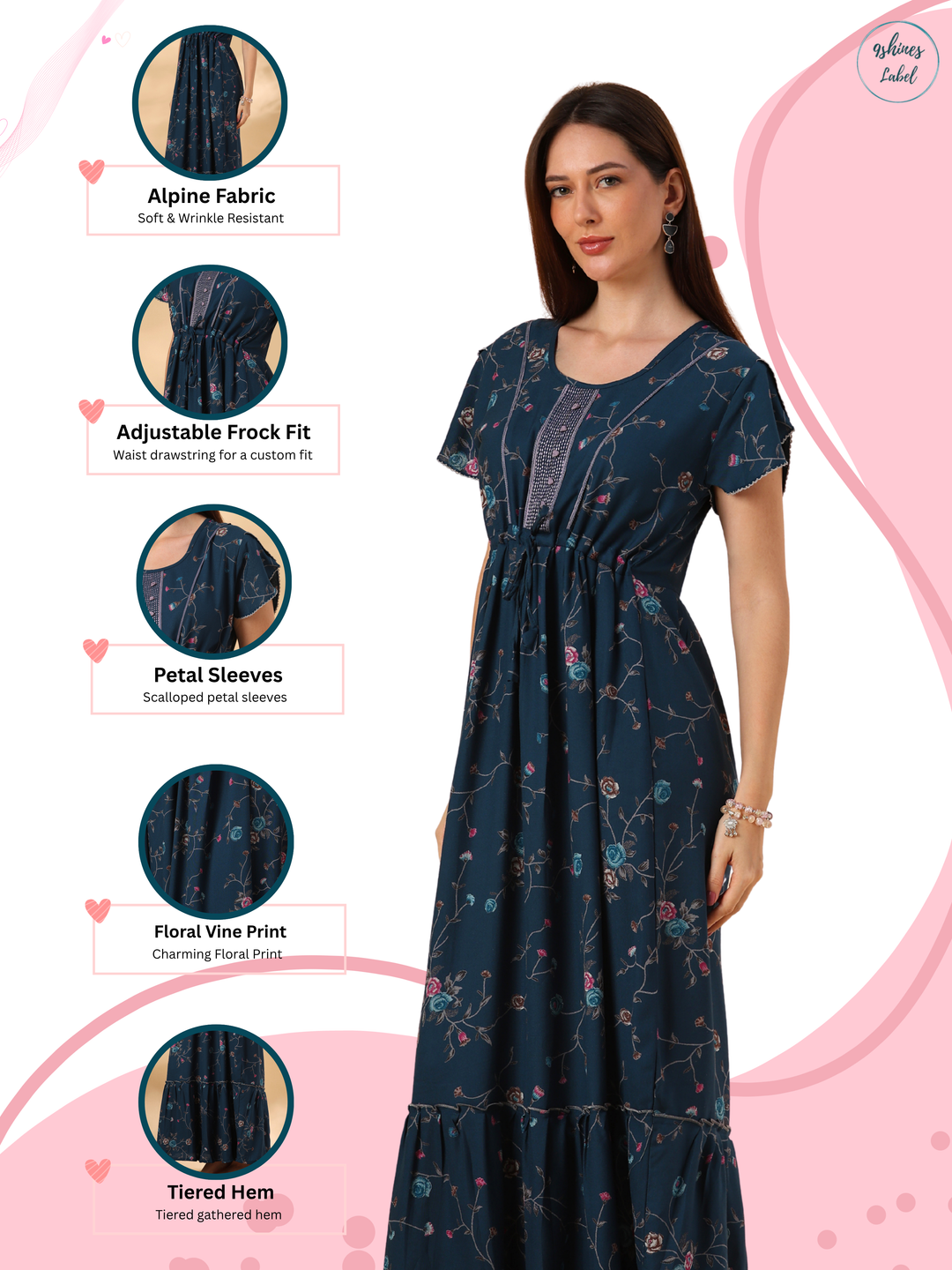 Floret Teal Alpine Designer Nighty for Women with Frock Fit