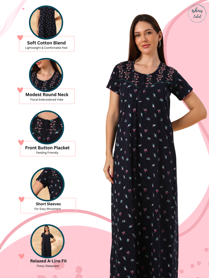 Ink Blue Floral Cotton Blend Designer Nighty for Women