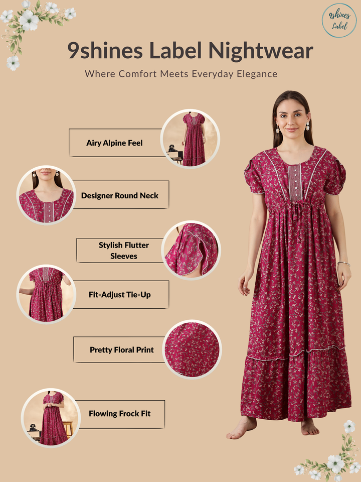 Pink Flora Micro Floral Frock Night Dress with Drawstring Waist