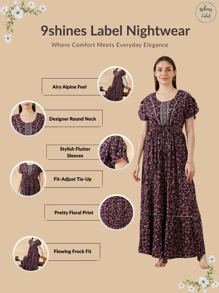 Wine Flora Micro Floral Frock Nighty with Embroidered Placket