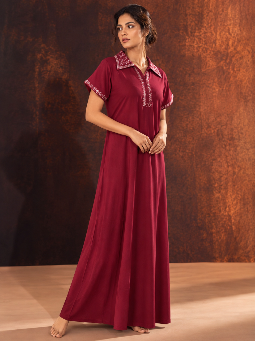 Collared Alpine Nighty with Embroidered Placket and Pocket in Dark Red