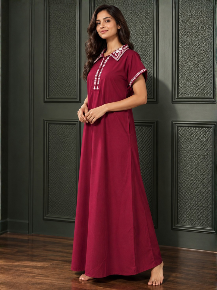 Maroon Alpine Designer Nighty for Women with Art Resham Embroidery