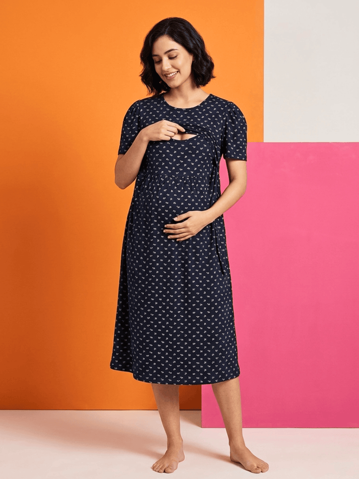 Jasmine Blue Floral Cotton Maternity Nighty with Feeding Flap